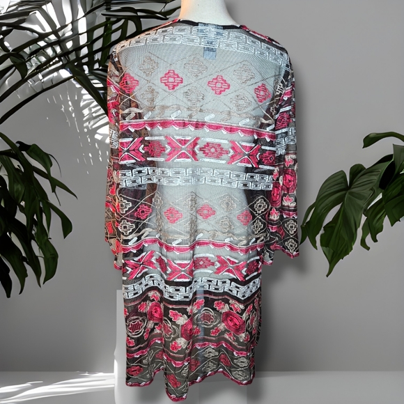Catherine's 1X Tribal Art-to-Wear Mesh Open Lace Embroidered Boho Duster - Picture 6 of 11